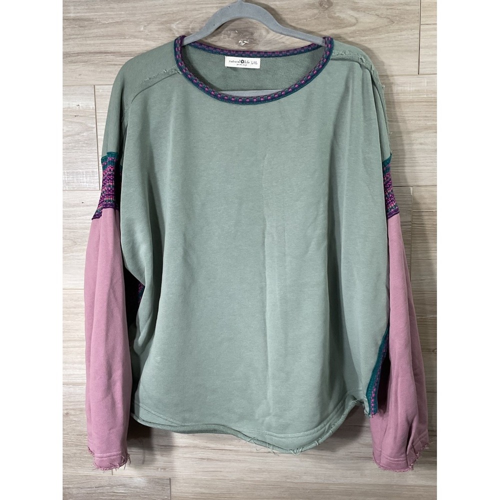 Natural Life Green Purple Colorblock Knit Trim Oversized Sweatshirt Size L / XL